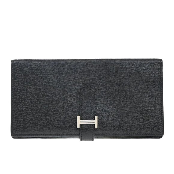 HERMES Logo Bearn Long Bifold Wallet Leather Black SHW France 96RF620 - Picture 1 of 16